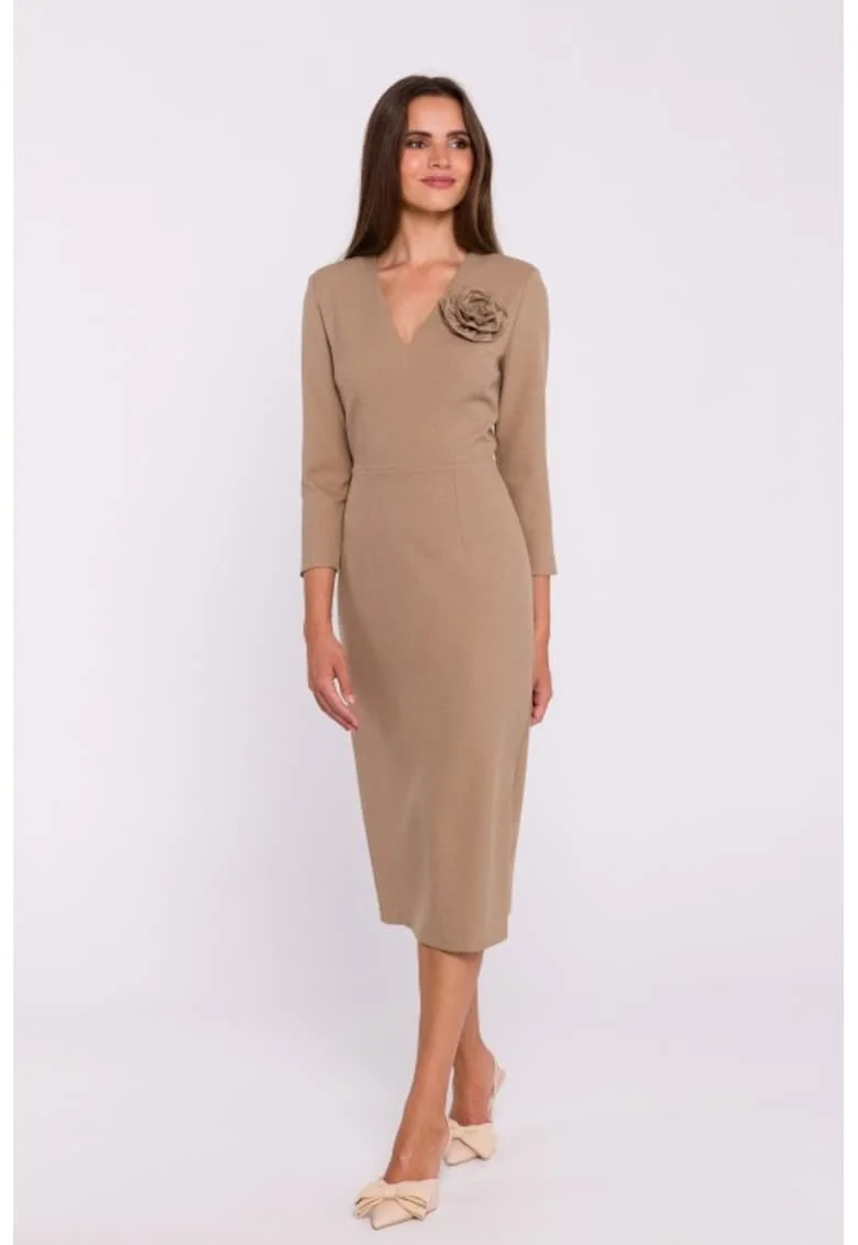 Rochie simpla midi cu decolteu in V, Bej