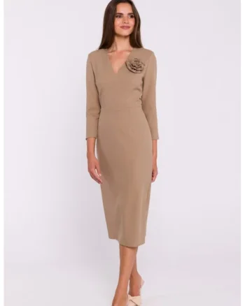 Rochie simpla midi cu decolteu in V, Bej
