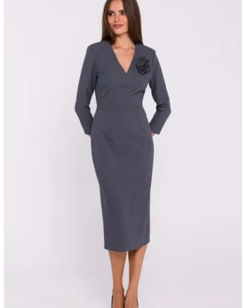 Rochie simpla midi cu decolteu in V, Gri