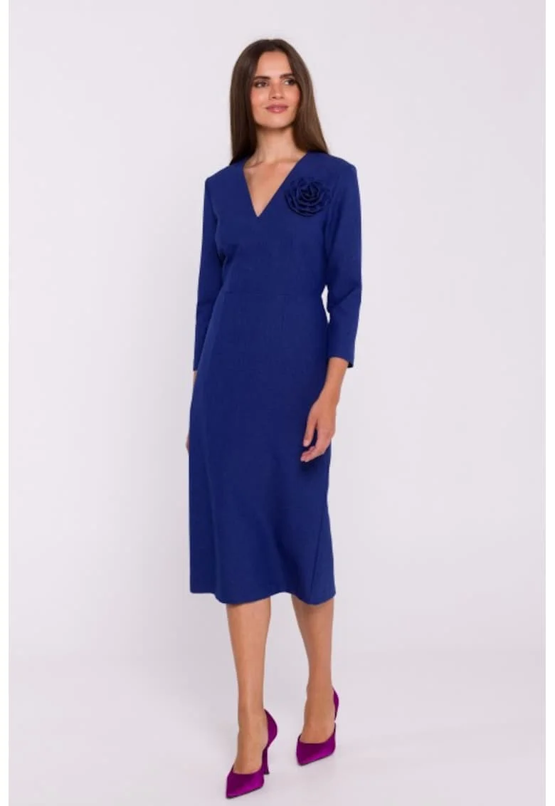 Rochie simpla midi cu decolteu in V, Albastru