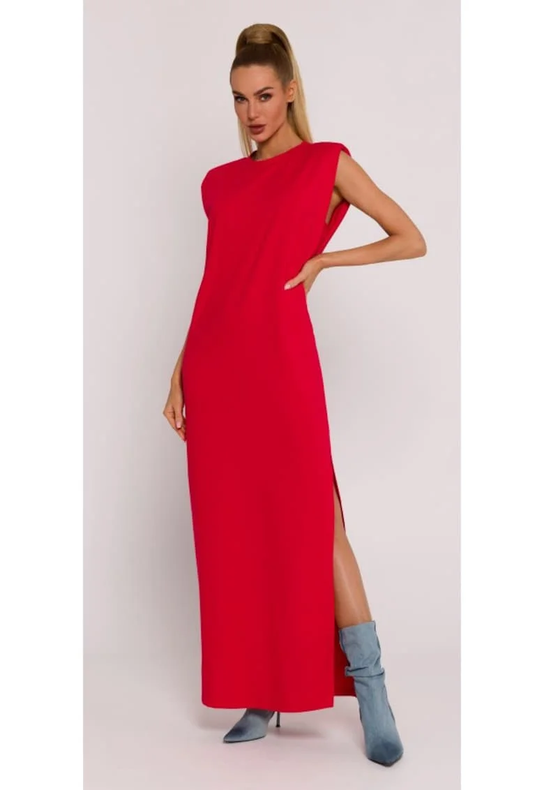 Rochie dama, maxi cu umeri, Poliester, Rosu