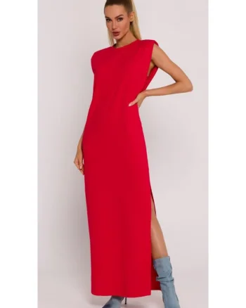 Rochie dama, maxi cu umeri, Poliester, Rosu