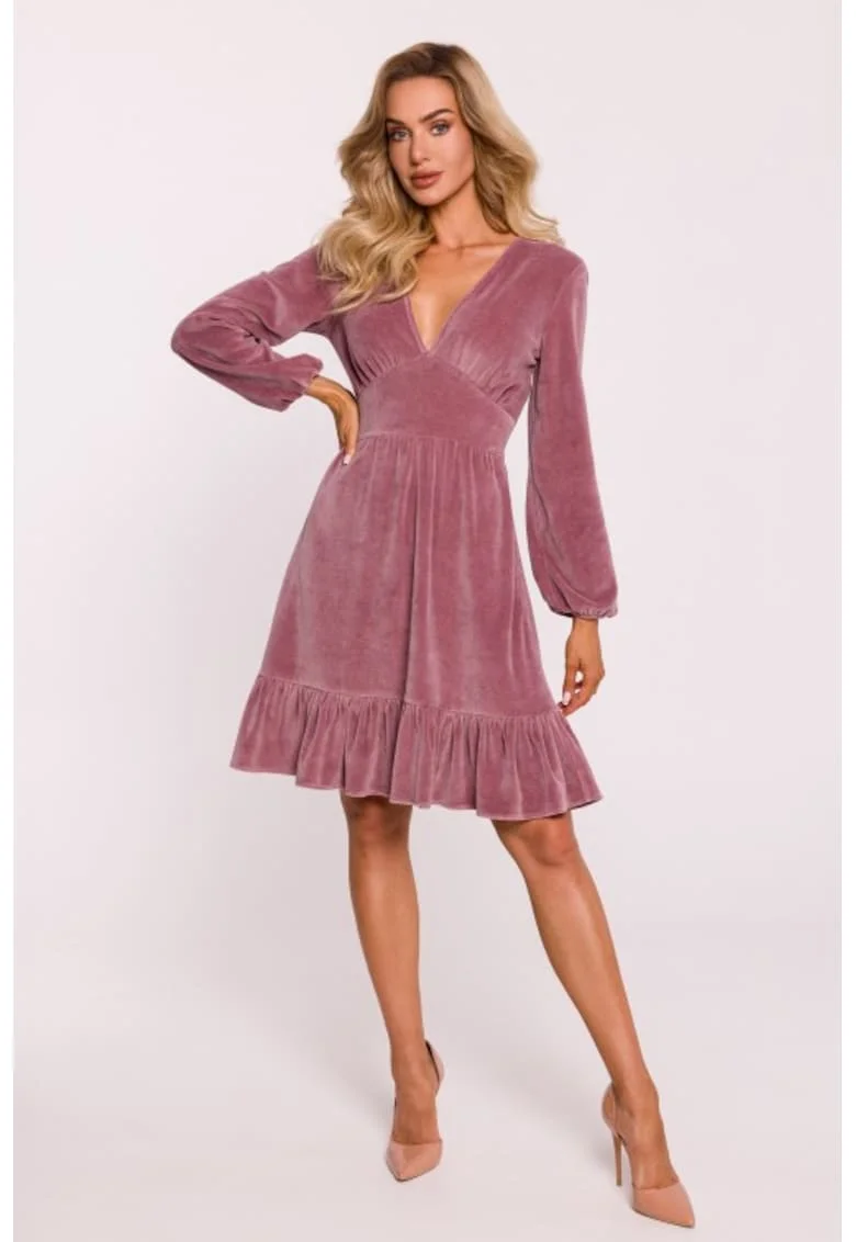 Rochie din velur cu bust, Roz pal