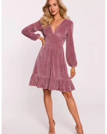 Rochie din velur cu bust, Roz pal
