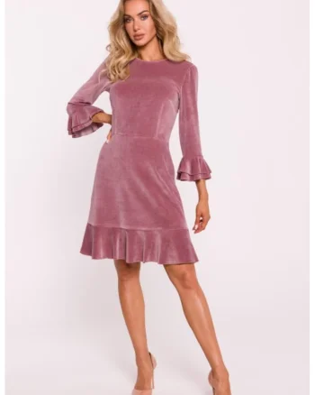 Rochie din velur cu volane, Roz pal