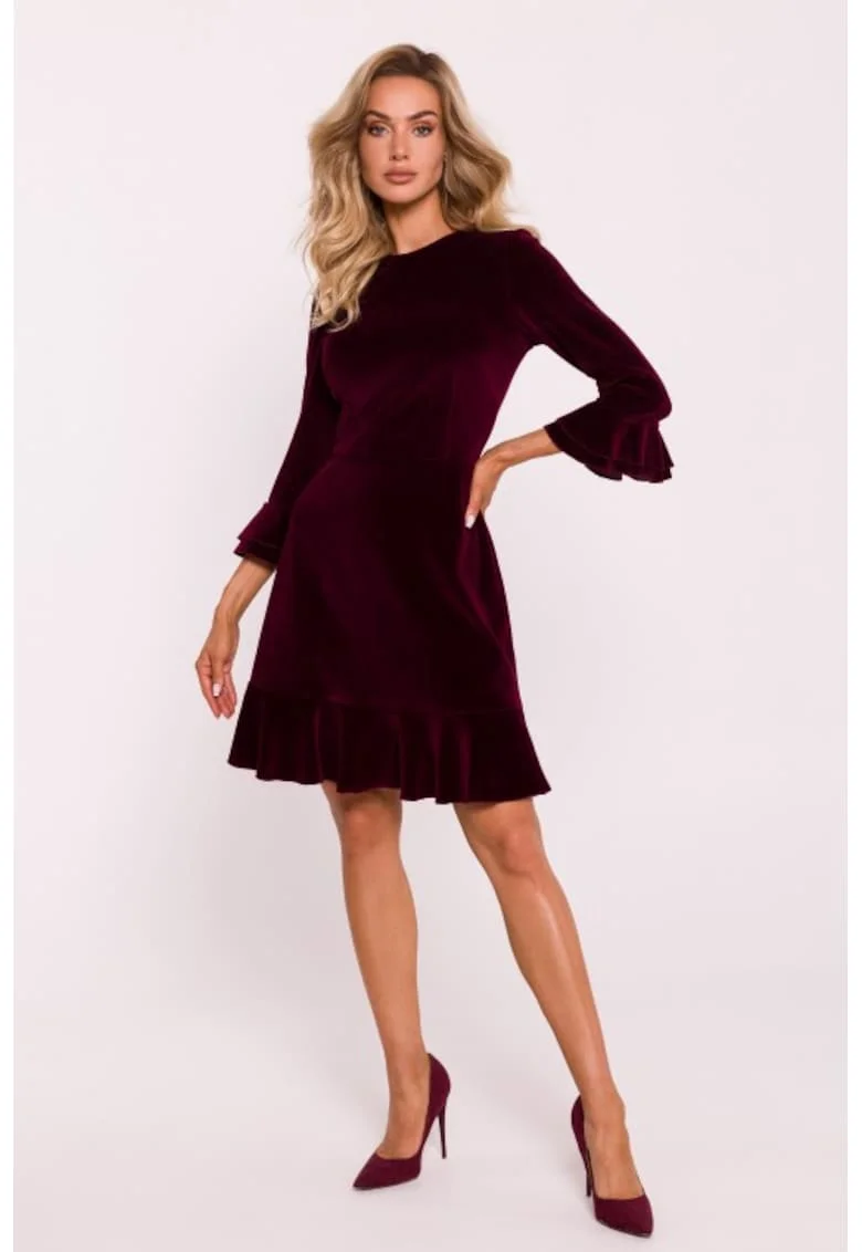 Rochie din velur cu volane, Visiniu
