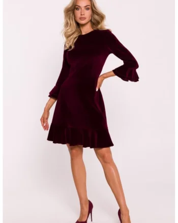 Rochie din velur cu volane, Visiniu