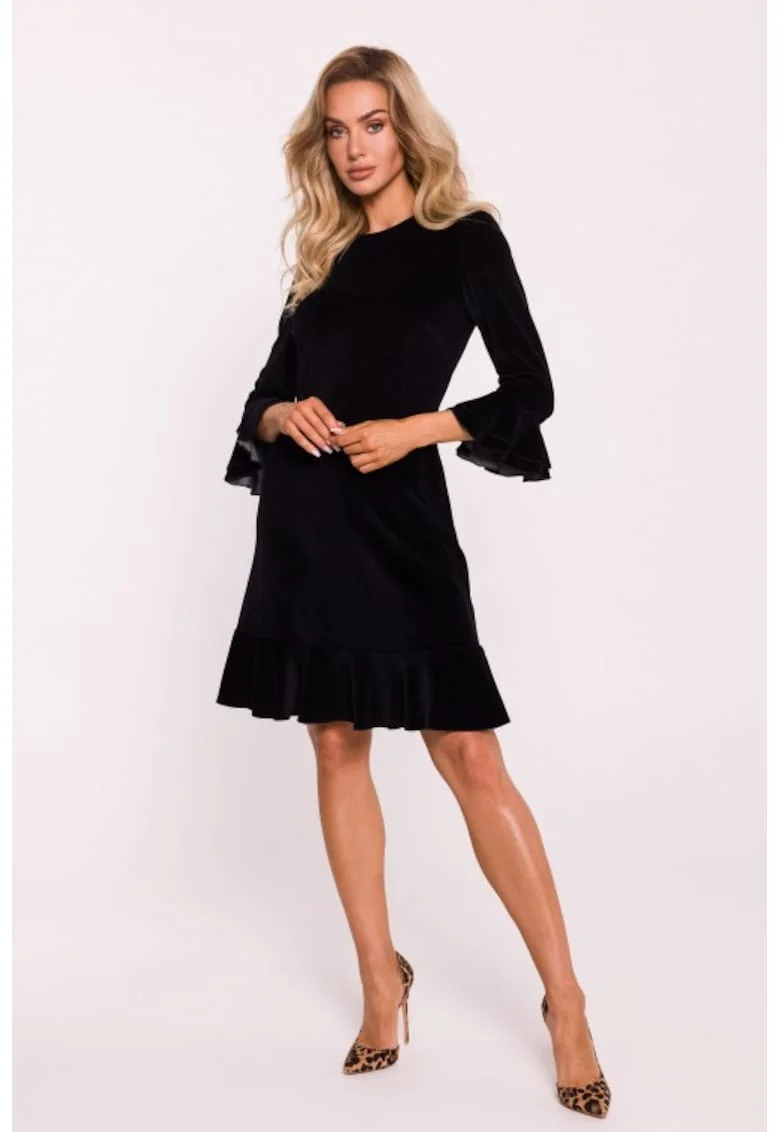 Rochie din velur cu volane, Negru