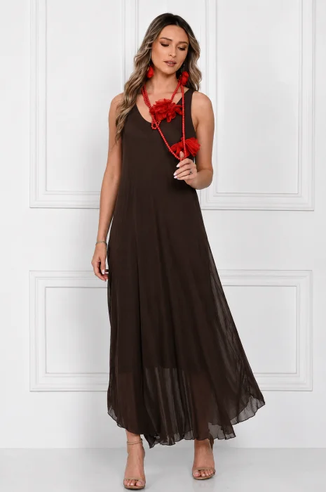 Rochie lunga din matase cu croi fluid si bretele fine, eleganta, maro inchis