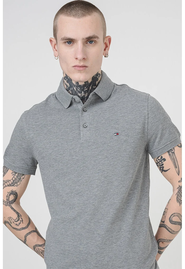 Tricou polo slim fit din amestec de bumbac organic, Gri
