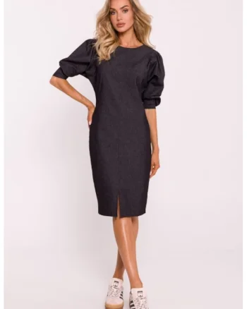 Rochie cu cusaturi si maneci bufante, Gri grafit