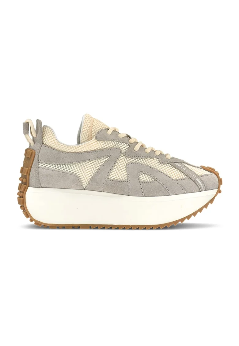 Pantofi sport de piele cu garnituri de plasa, Gri deschis/Crem