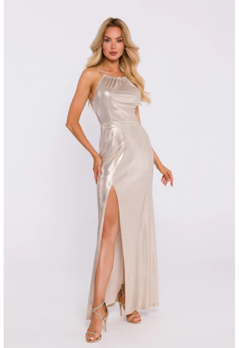 Rochie maxi cu slit inalt, Champagne Gold