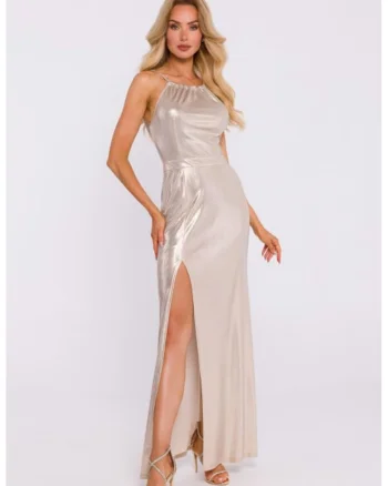 Rochie maxi cu slit inalt, Champagne Gold