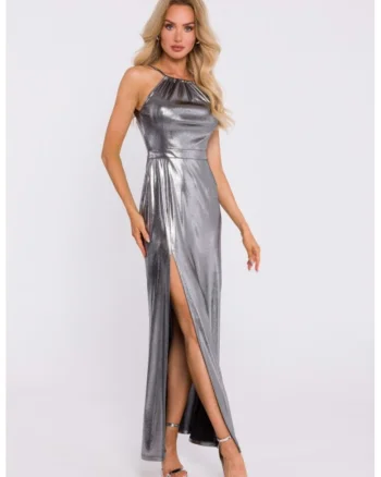 Rochie maxi cu slit inalt, Argintiu