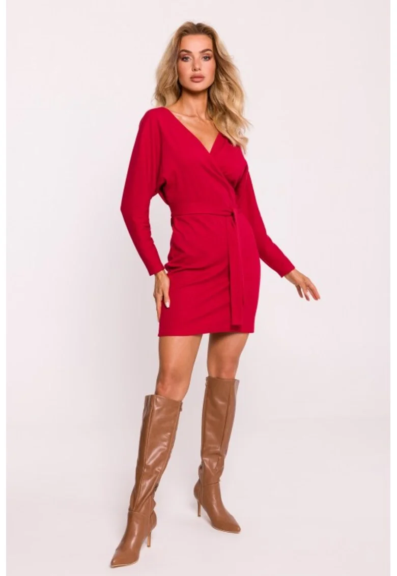 Rochie mini texturata cu decolteu cache-coeur, Rosu