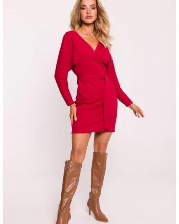 Rochie mini texturata cu decolteu cache-coeur, Rosu