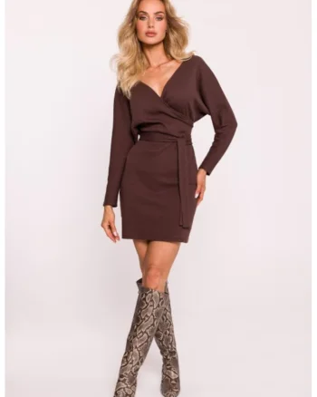 Rochie mini texturata cu decolteu cache-coeur, Maro