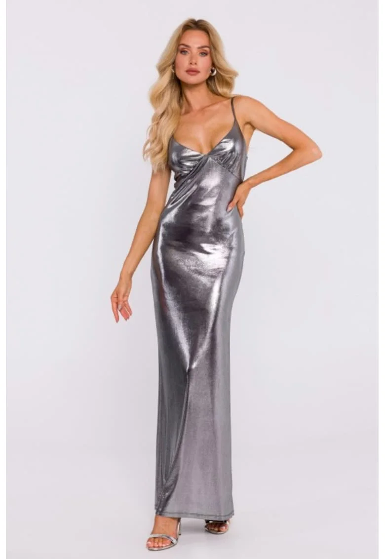 Rochie maxi cu incretire sub bust, Argintiu