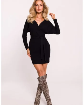 Rochie mini texturata cu decolteu cache-coeur, Negru