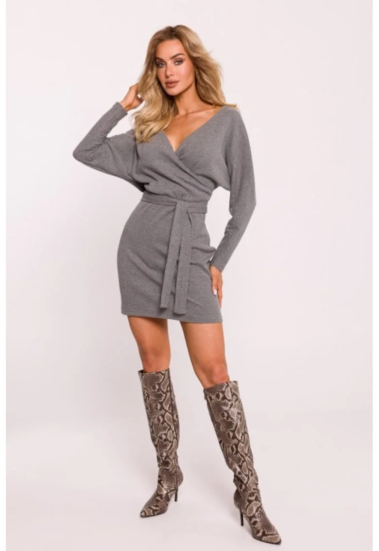 Rochie mini texturata cu decolteu cache-coeur, Gri melange
