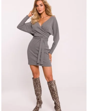 Rochie mini texturata cu decolteu cache-coeur, Gri melange