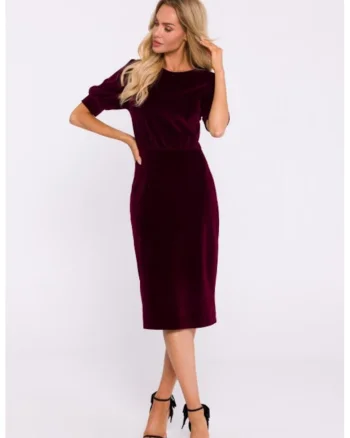 Rochie din velur cu maneci scurte, Visiniu