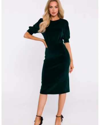 Rochie din velur cu maneci scurte, Verde