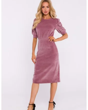 Rochie din velur cu maneci scurte, Roz pal