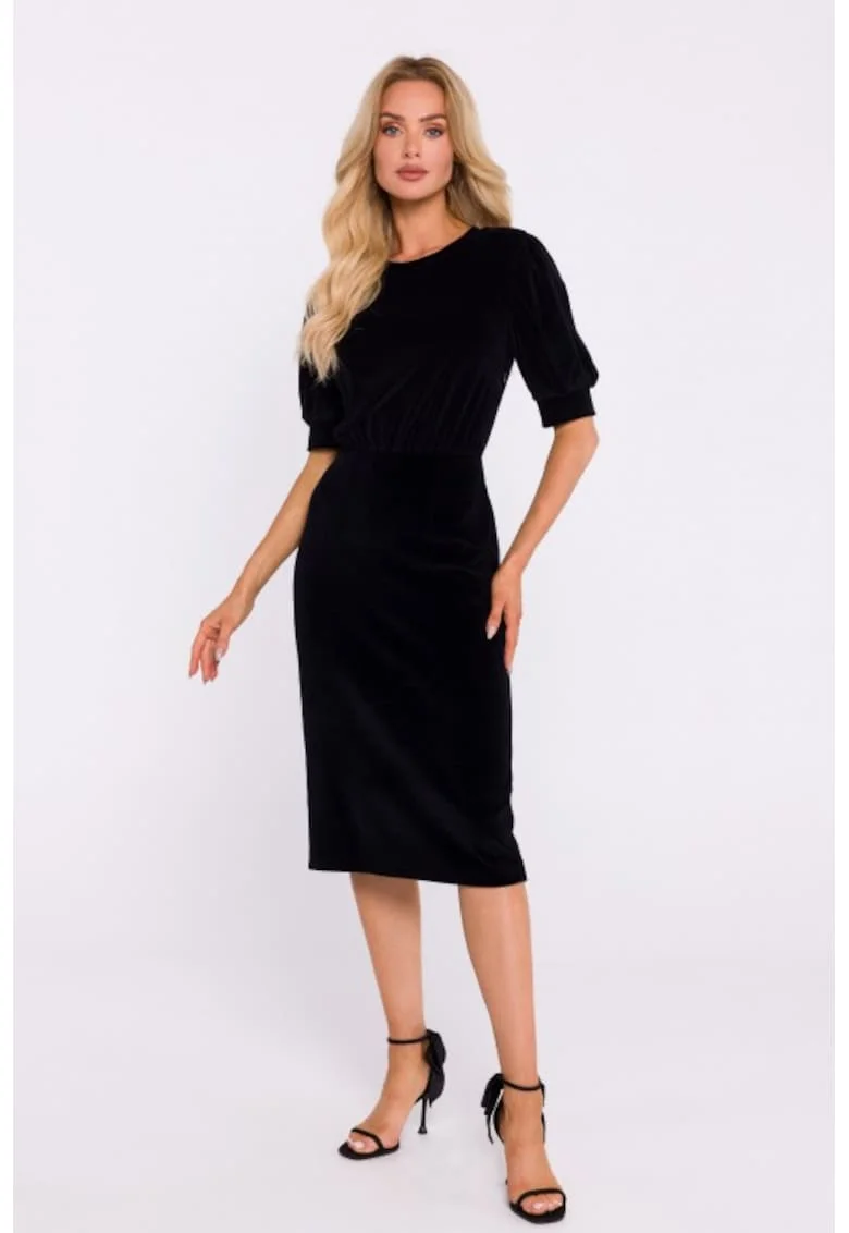 Rochie din velur cu maneci scurte, Negru