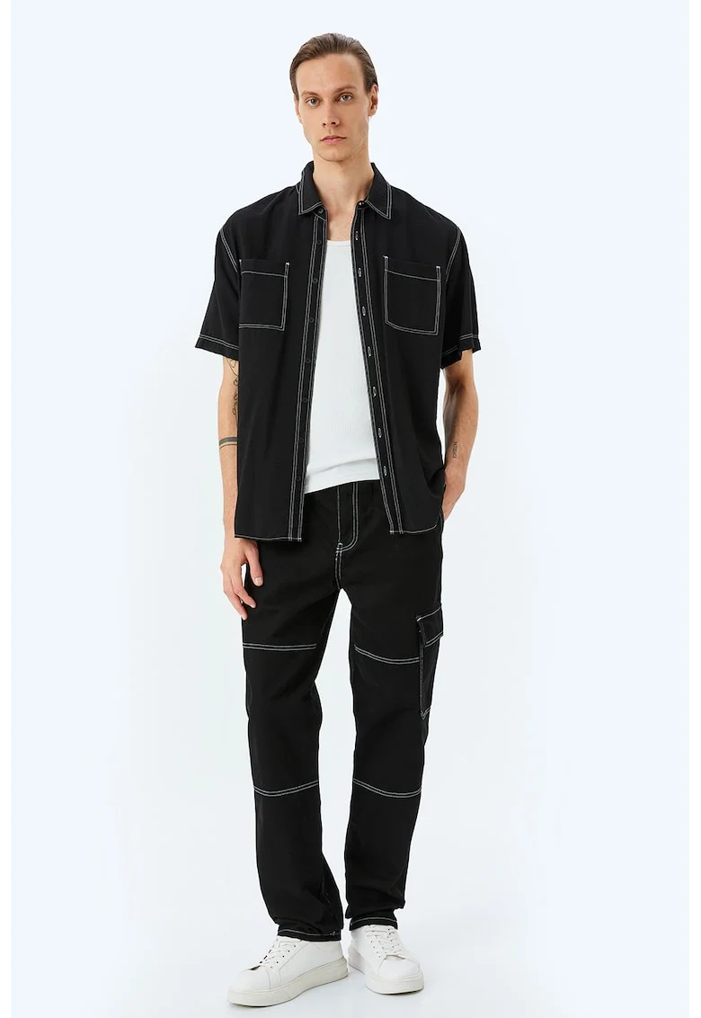 Pantaloni cargo cu cusaturi contrastante, Negru