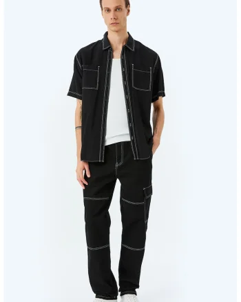 Pantaloni cargo cu cusaturi contrastante, Negru