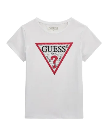Tricou cu imprimeu logo si strasuri, Rosu/Alb