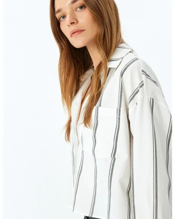 Camasa crop sin amestec de bumbac, Alb/Gri