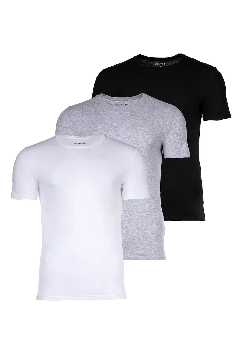 Set de tricouri slim fit din bumbac cu decolteu la baza gatului - 3 piese, Alb/Negru/Gri
