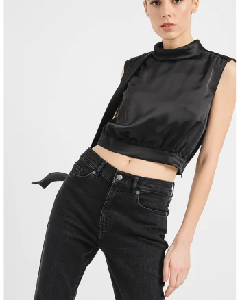 Bluza crop satinata Canile, Negru