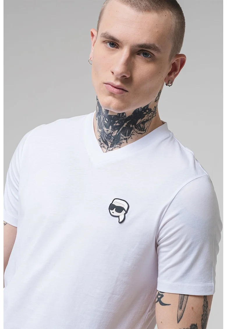 Tricou cu decolteu in V si logo, Alb