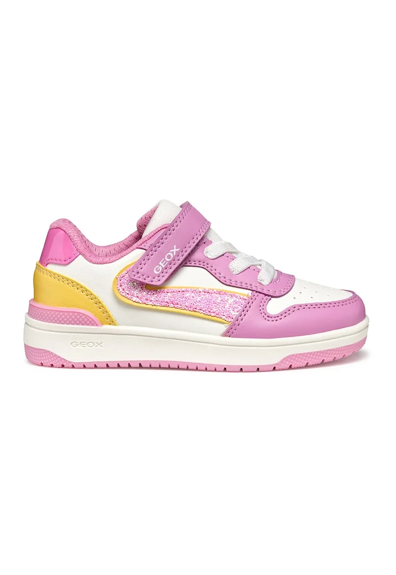 Pantofi sport de piele ecologica cu velcro si detalii stralucitoare, Galben/Roz pastel/Alb murdar