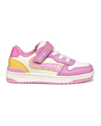 Pantofi sport de piele ecologica cu velcro si detalii stralucitoare, Galben/Roz pastel/Alb murdar