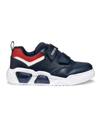 Pantofi sport cu velcro si segmente de material sintetic, Rosu/Alb murdar/Bleumarin