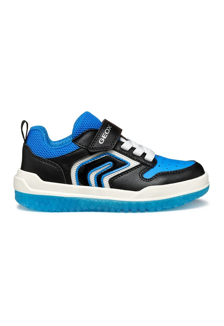 Pantofi sport cu plasa din material textil si velcro, Negru stins/Albastru royal/Alb murdar