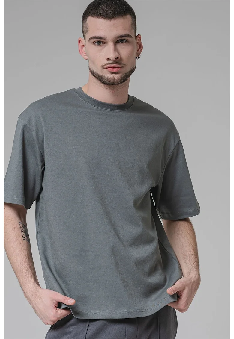 Tricou din amestec de bumbac cu decolteu la baza gatului, Verde feriga