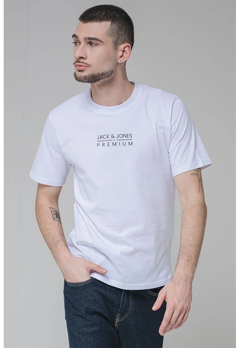 Tricou cu decolteu la baza gatului si imprimeu logo Blu Atlas, Alb