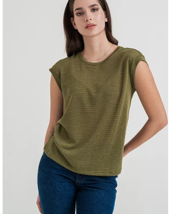Tricou din amestec de in cu model in dungi, Auriu/Verde masliniu