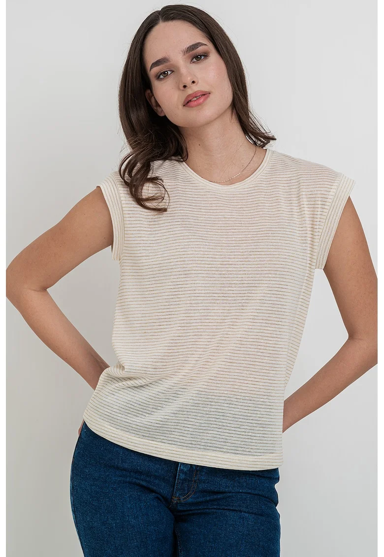 Tricou din amestec de in cu model in dungi, Auriu/Alb fildes