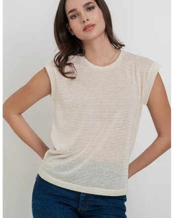 Tricou din amestec de in cu model in dungi, Auriu/Alb fildes