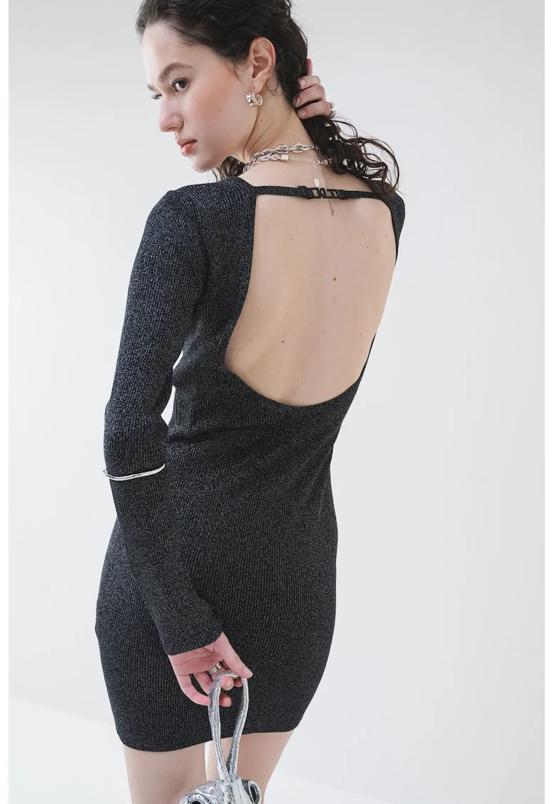 Rochie cambrata cu decupaj pe spate, Negru/Argintiu