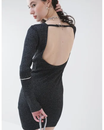 Rochie cambrata cu decupaj pe spate, Negru/Argintiu