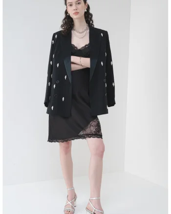Rochie de satin cu garnituri de dantela, Negru