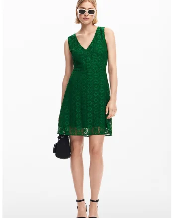 Rochie scurta cu dantela cu model floral, Verde